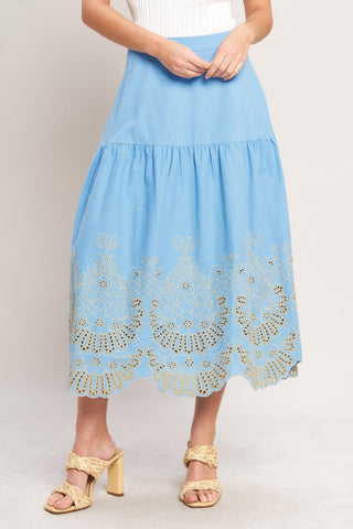 SKY BLOOM WOVEN EYELET MIDI SKIRT - Glamourous Grace
