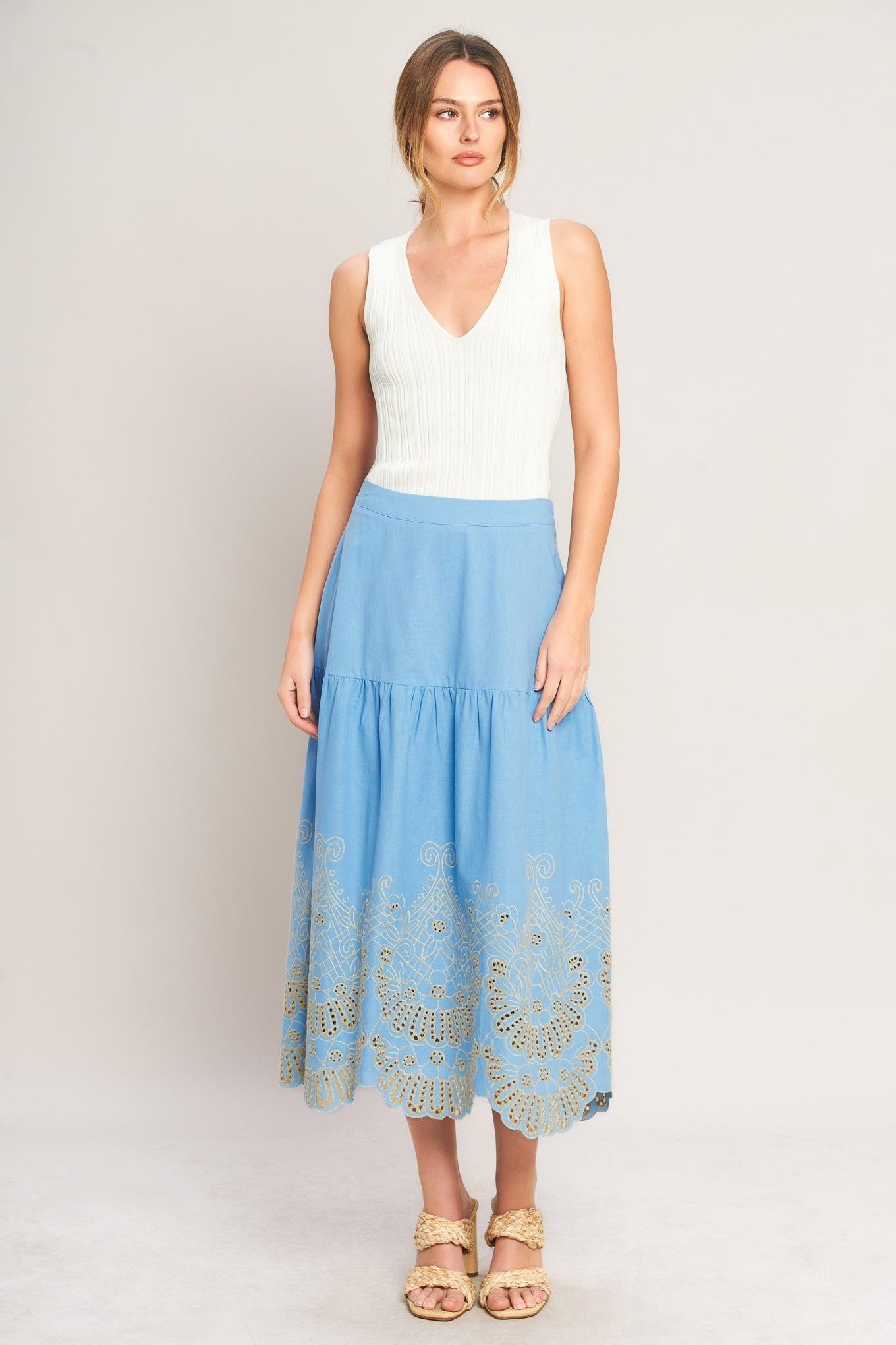 SKY BLOOM WOVEN EYELET MIDI SKIRT - Glamourous Grace