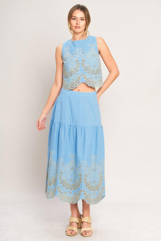SKY BLOOM WOVEN EYELET MIDI SKIRT - Glamourous Grace