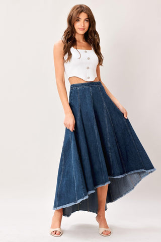 CITY SWING DENIM HI-LO MIDI CIRCLE SKIRT - Glamourous Grace