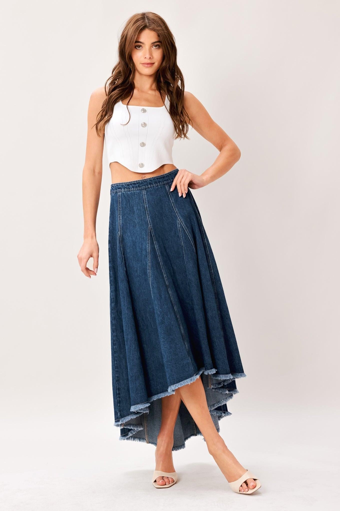 CITY SWING DENIM HI-LO MIDI CIRCLE SKIRT - Glamourous Grace