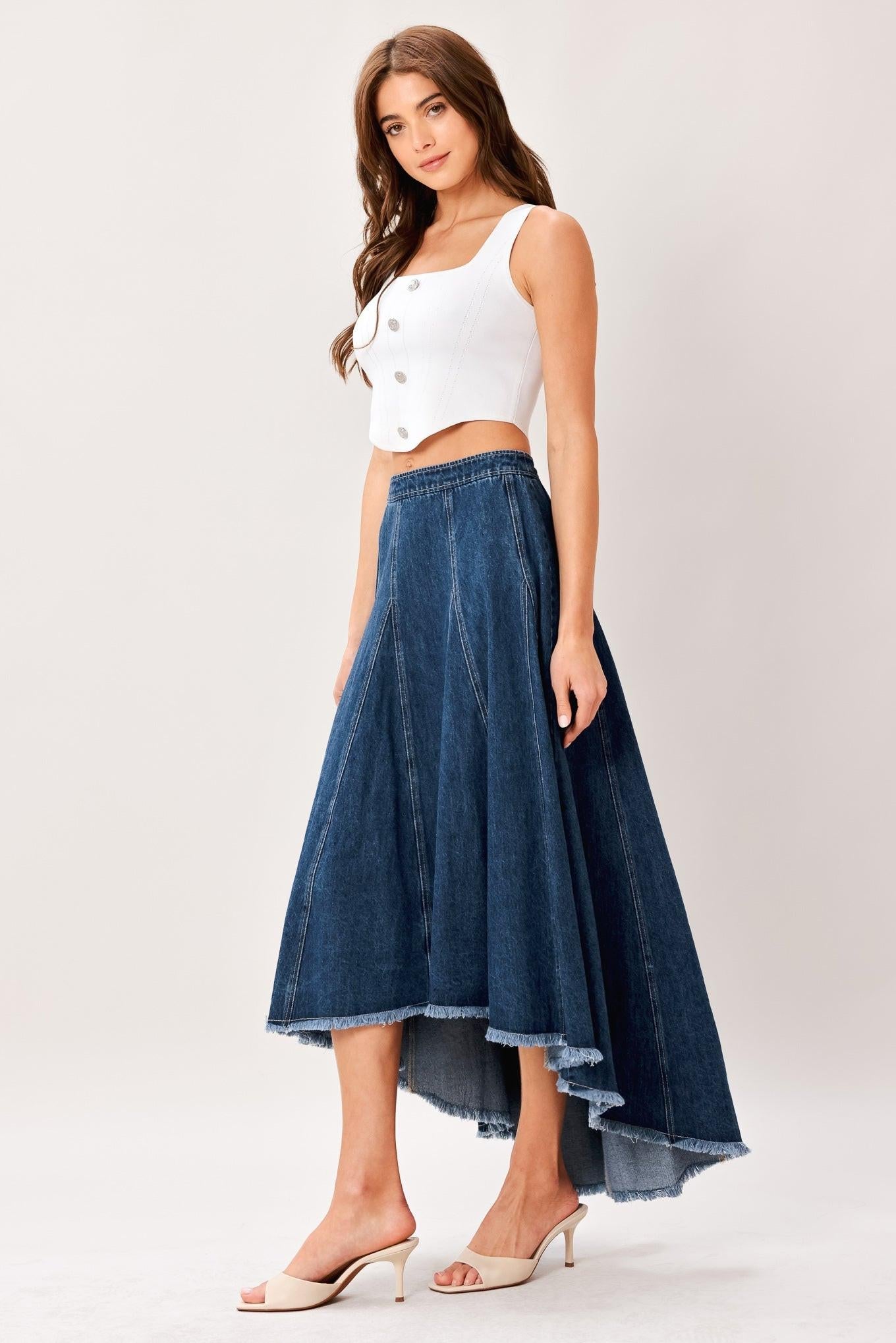 CITY SWING DENIM HI-LO MIDI CIRCLE SKIRT - Glamourous Grace
