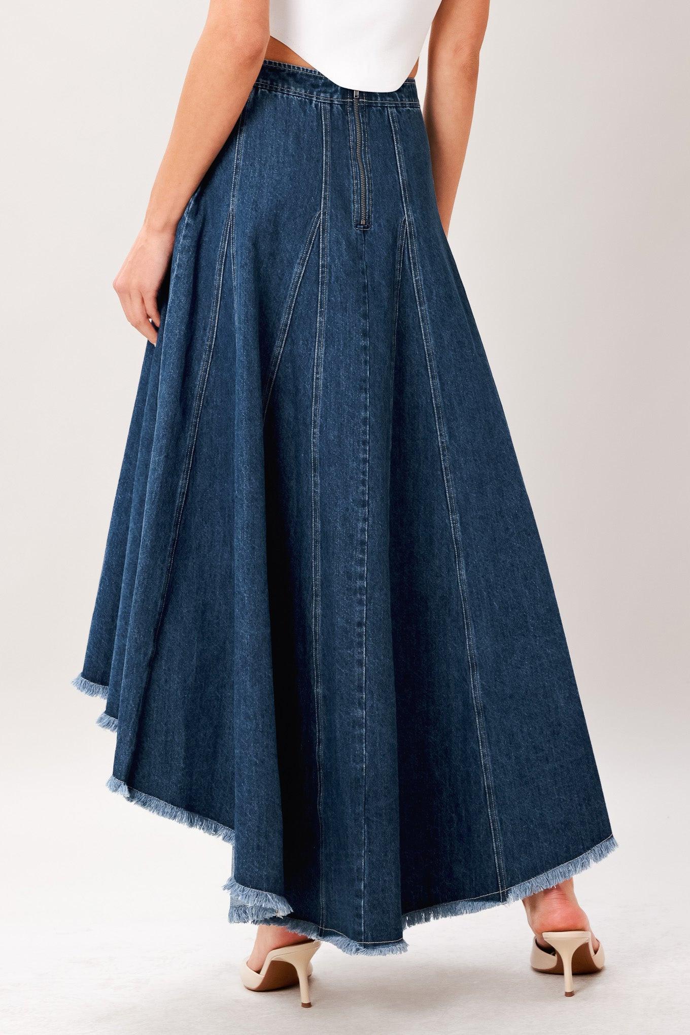 CITY SWING DENIM HI-LO MIDI CIRCLE SKIRT - Glamourous Grace