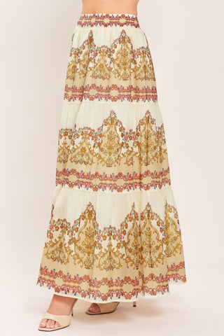 GILDED SCROLL PRINT WOVEN MAXI SKIRT