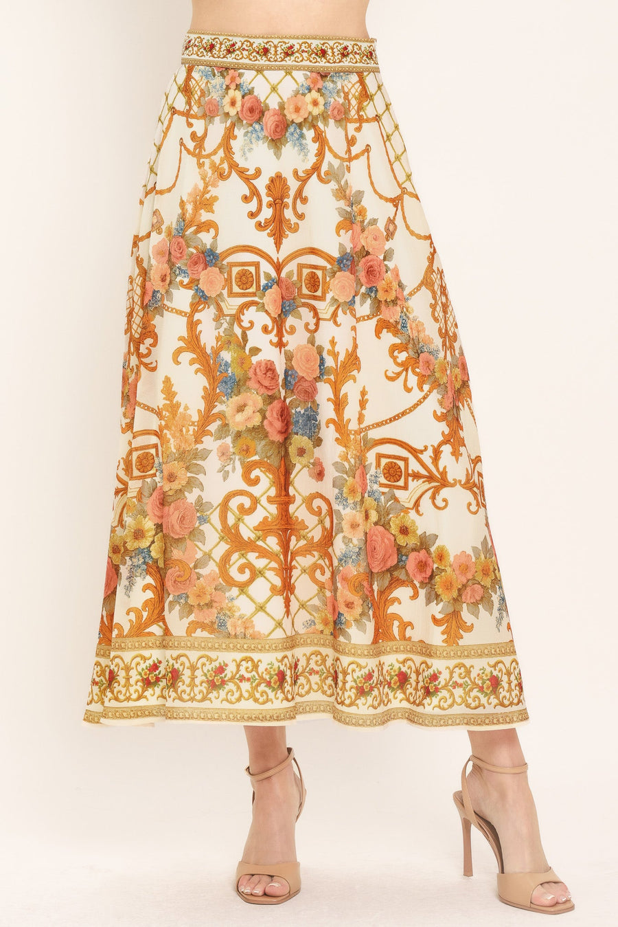 ANTIQUE BLOOM WOVEN MIDI CIRCLE SKIRT - Glamourous Grace