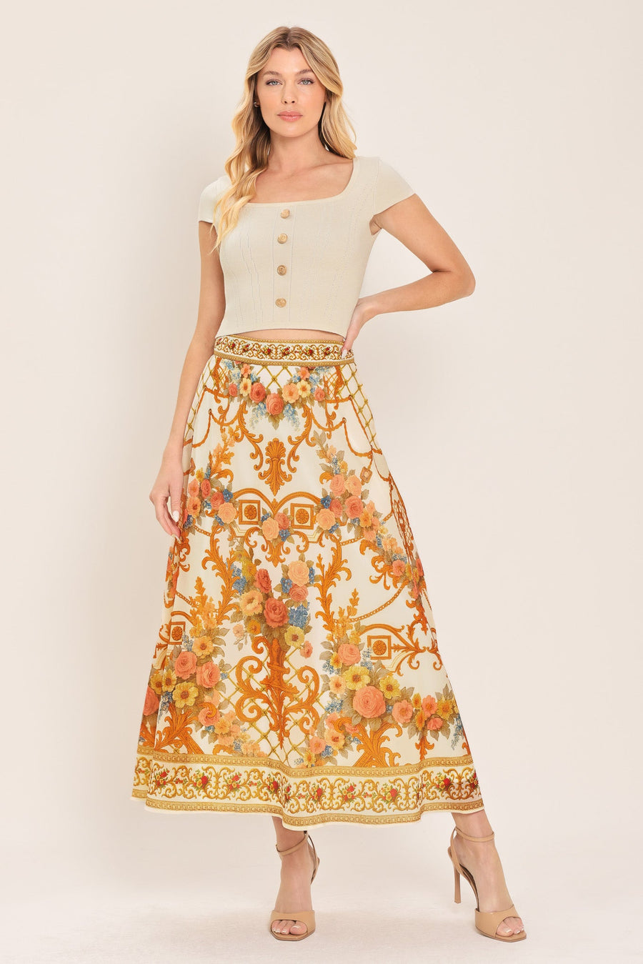ANTIQUE BLOOM WOVEN MIDI CIRCLE SKIRT - Glamourous Grace