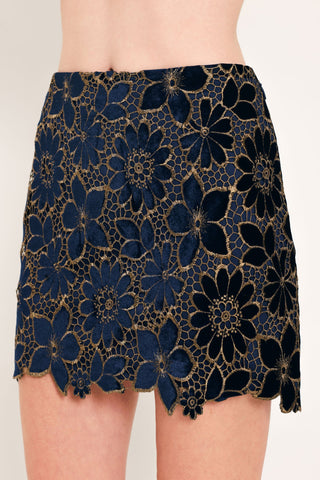 NAVY ROMANCE VELVET LACE MINI SKIRT