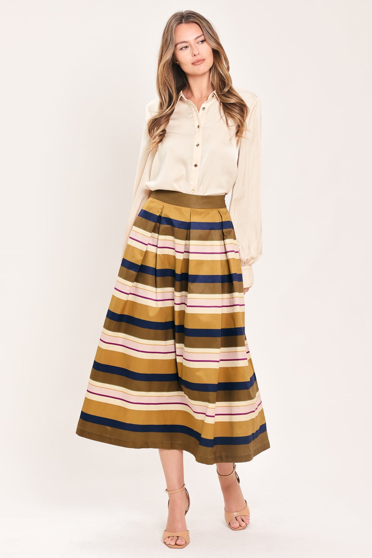 SAFFRON STRIPE WHISPER WOVEN FULL MIDI SKIRT - Glamourous Grace