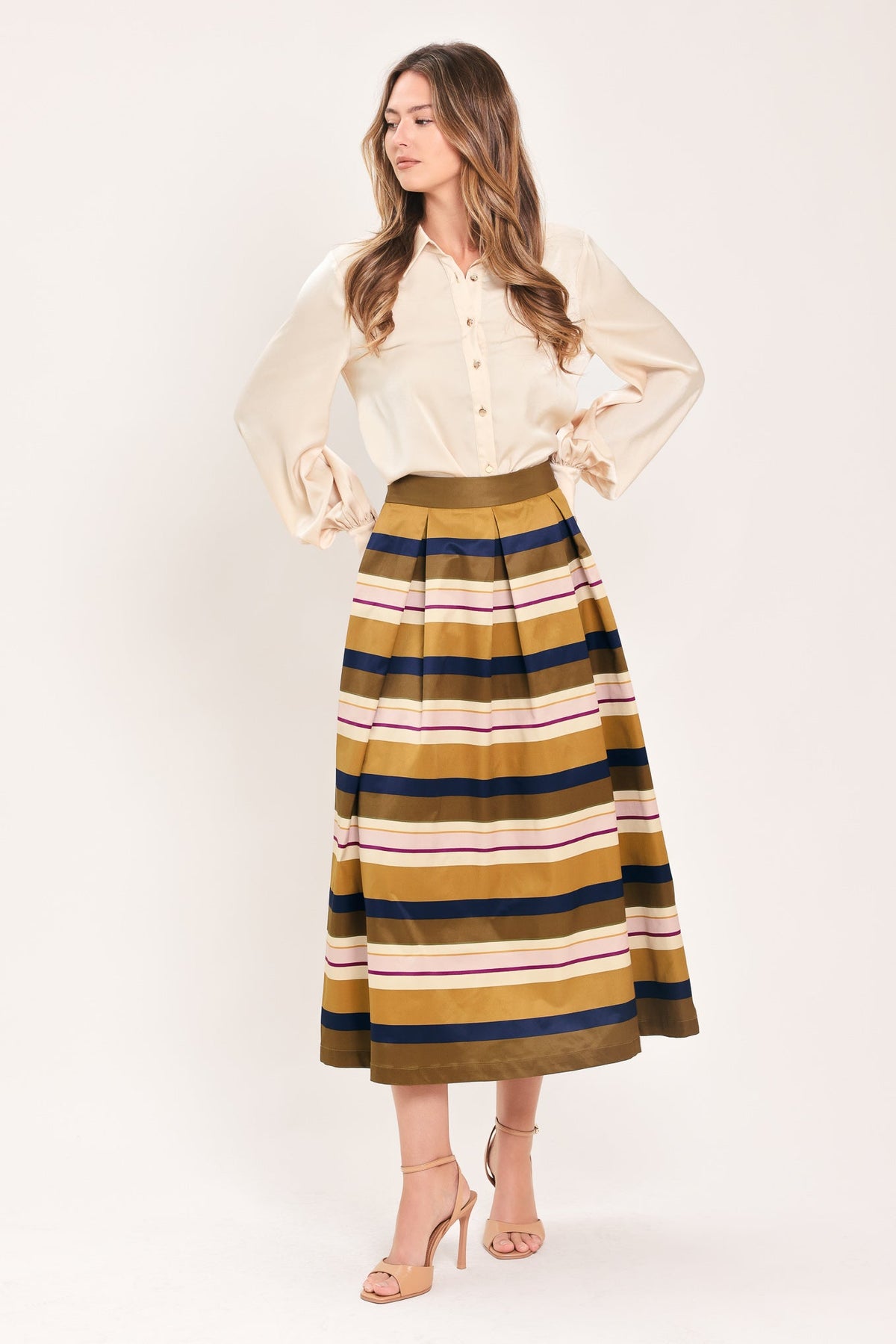 SAFFRON STRIPE WHISPER WOVEN FULL MIDI SKIRT - Glamourous Grace