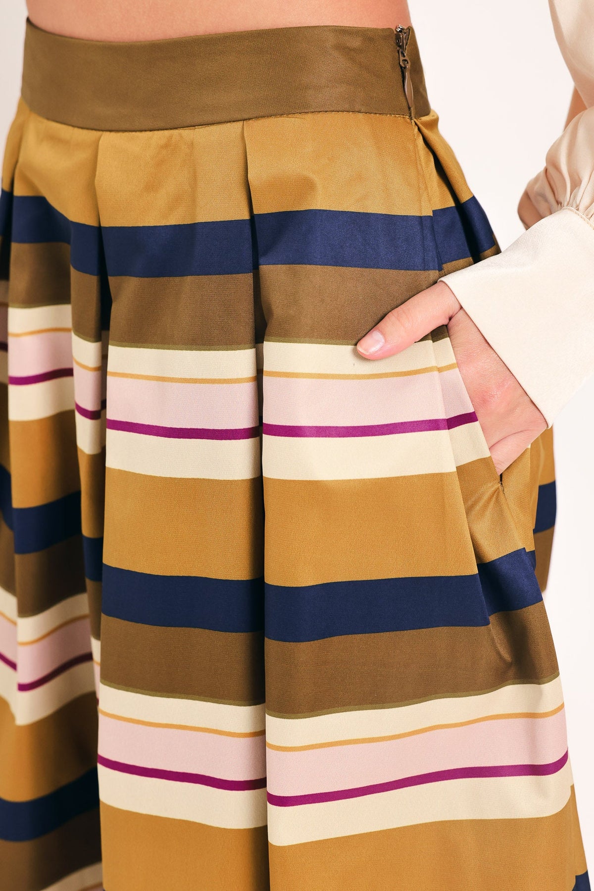 SAFFRON STRIPE WHISPER WOVEN FULL MIDI SKIRT - Glamourous Grace