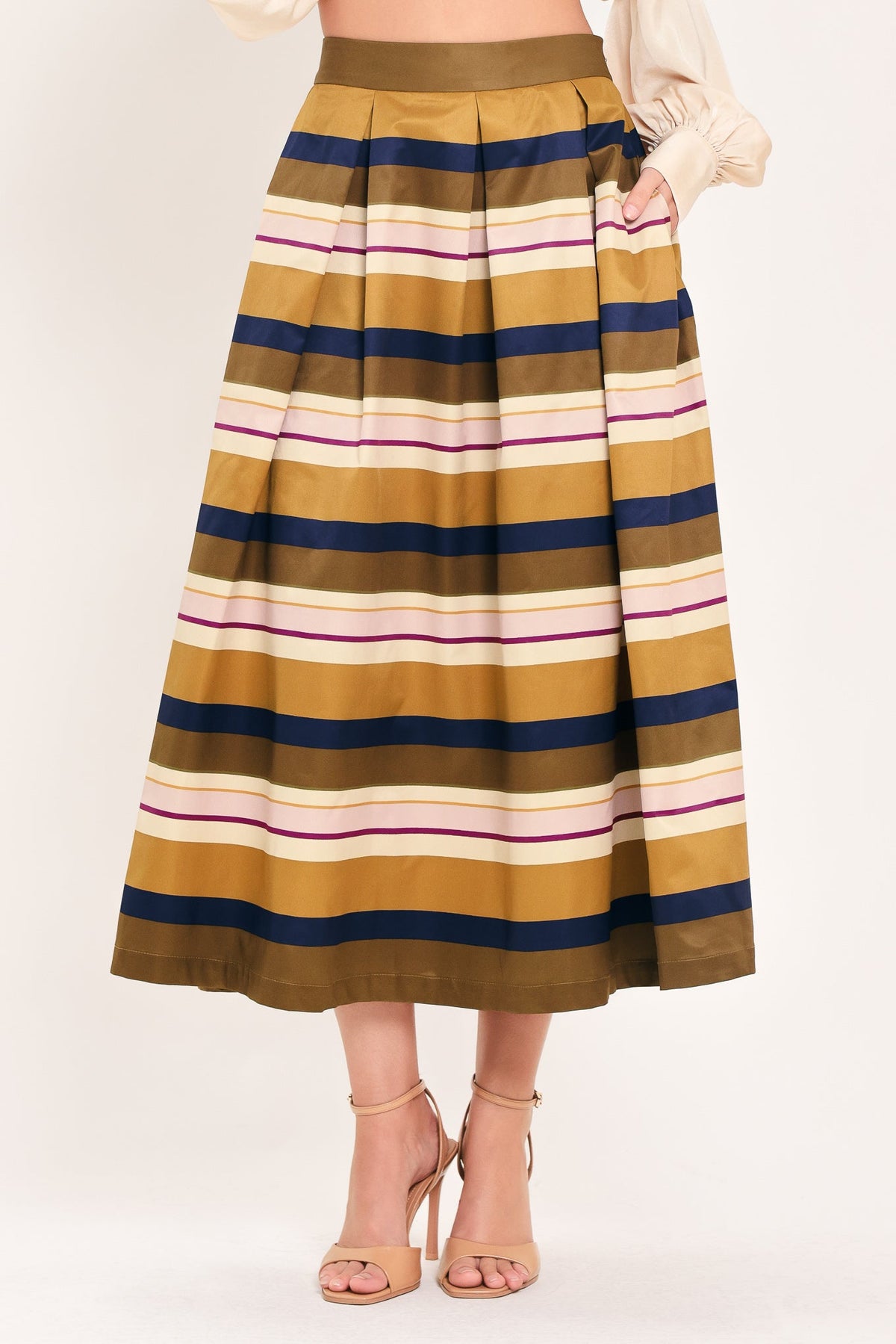 SAFFRON STRIPE WHISPER WOVEN FULL MIDI SKIRT - Glamourous Grace