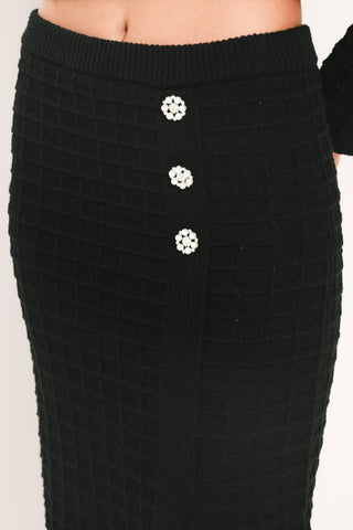 POLISHED MOMENT BLACK BUTTON-SLIT SWEATER MIDI SKIRT