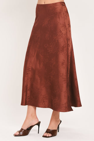 BURGUNDY DYNASTY JACQUARD SATIN MIDI SKIRT