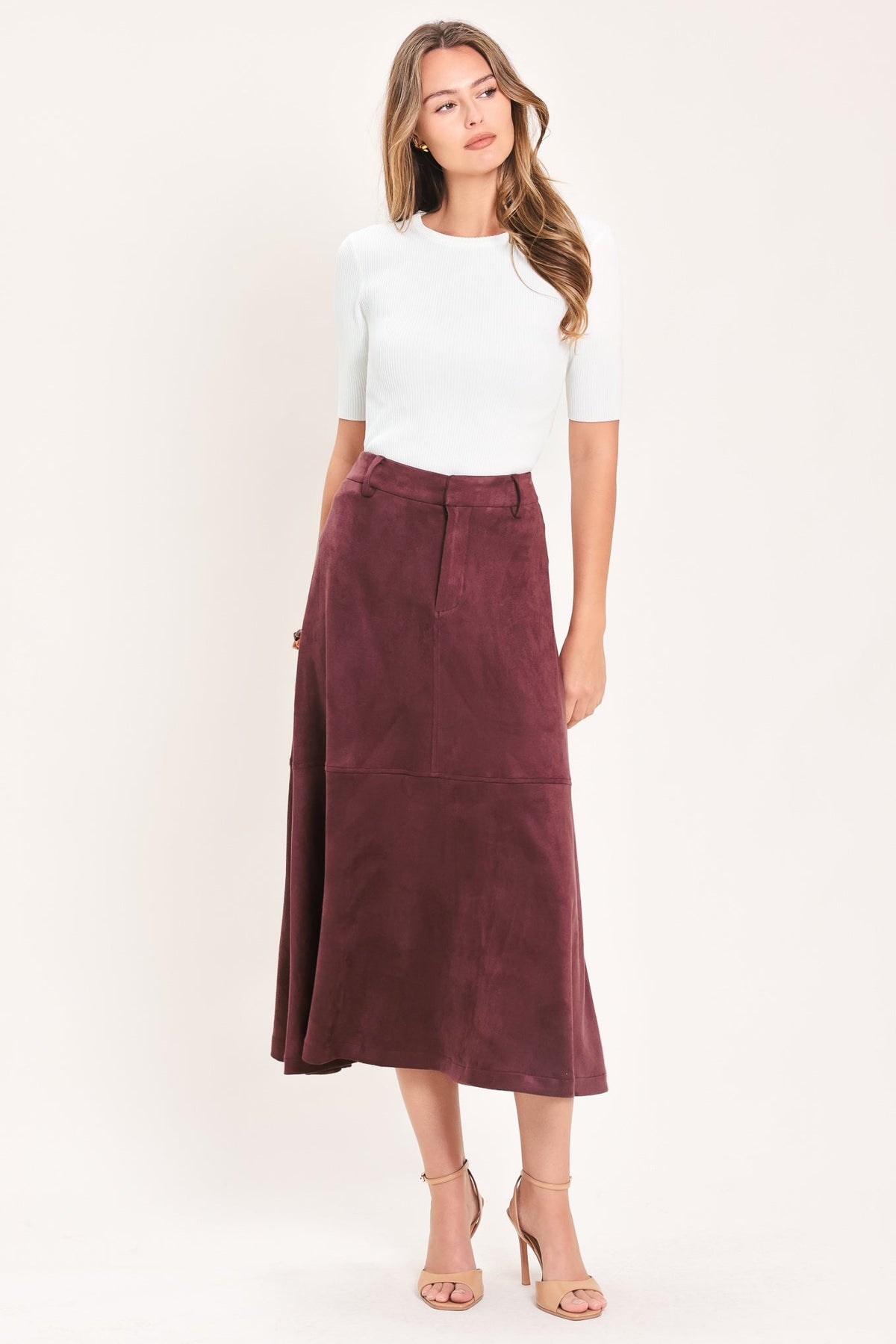 WINEBERRY MEADOW MUSE FAUX SUEDE MIDI SKIRT - Glamourous Grace