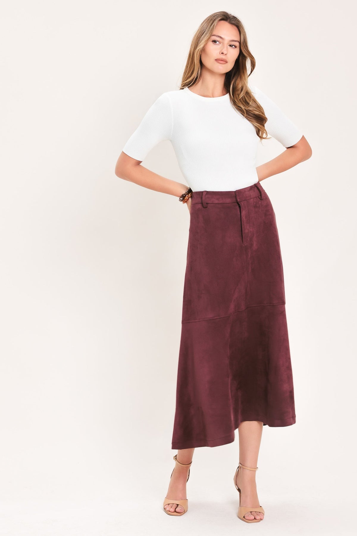 WINEBERRY MEADOW MUSE FAUX SUEDE MIDI SKIRT - Glamourous Grace