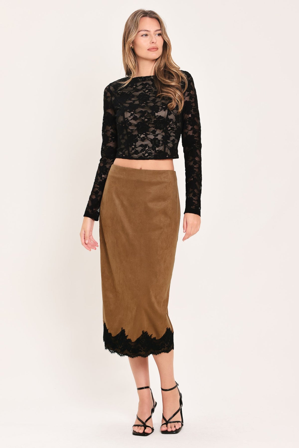 UMBER LACE AFTERGLOW FAUX SUEDE STRAIGHT SKIRT - Glamourous Grace