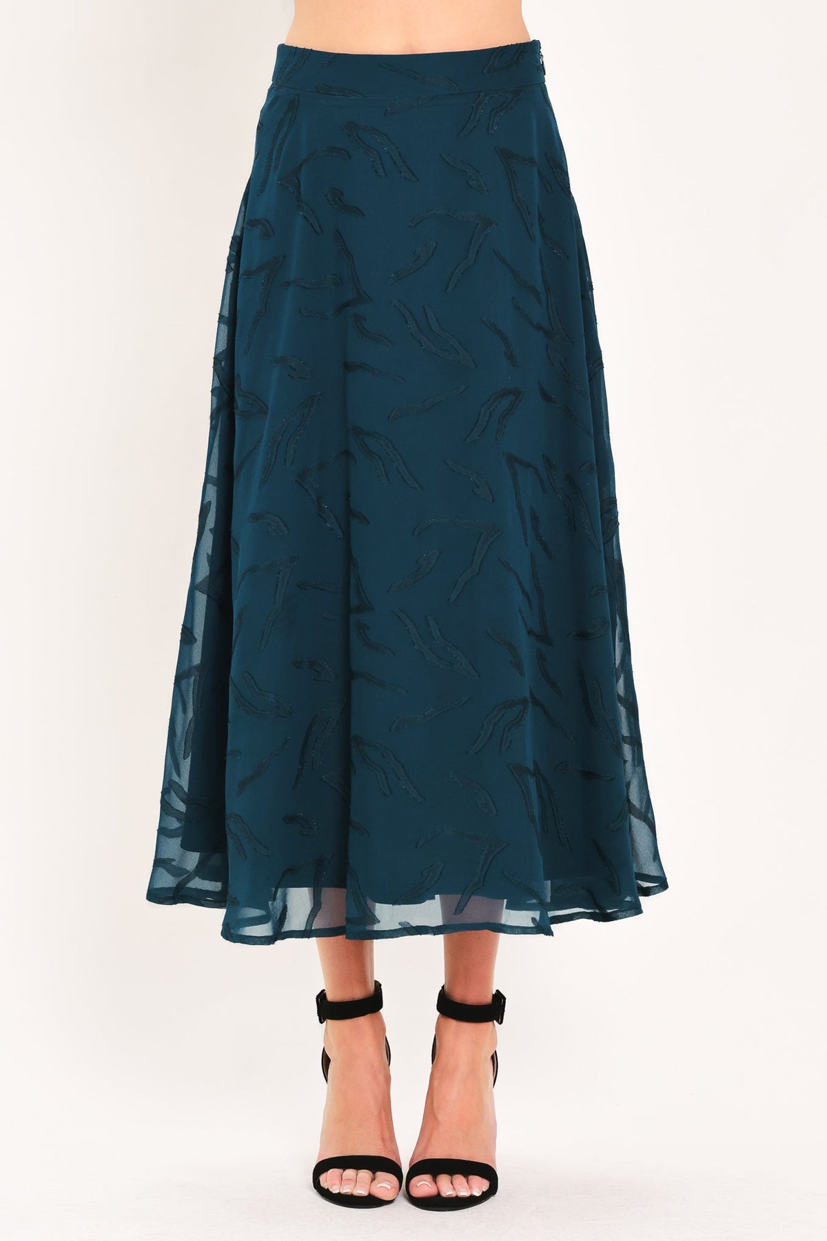 TEAL SHADOW SWAY WOVEN JACQUARD CIRCLE MIDI SKIRT - Glamourous Grace