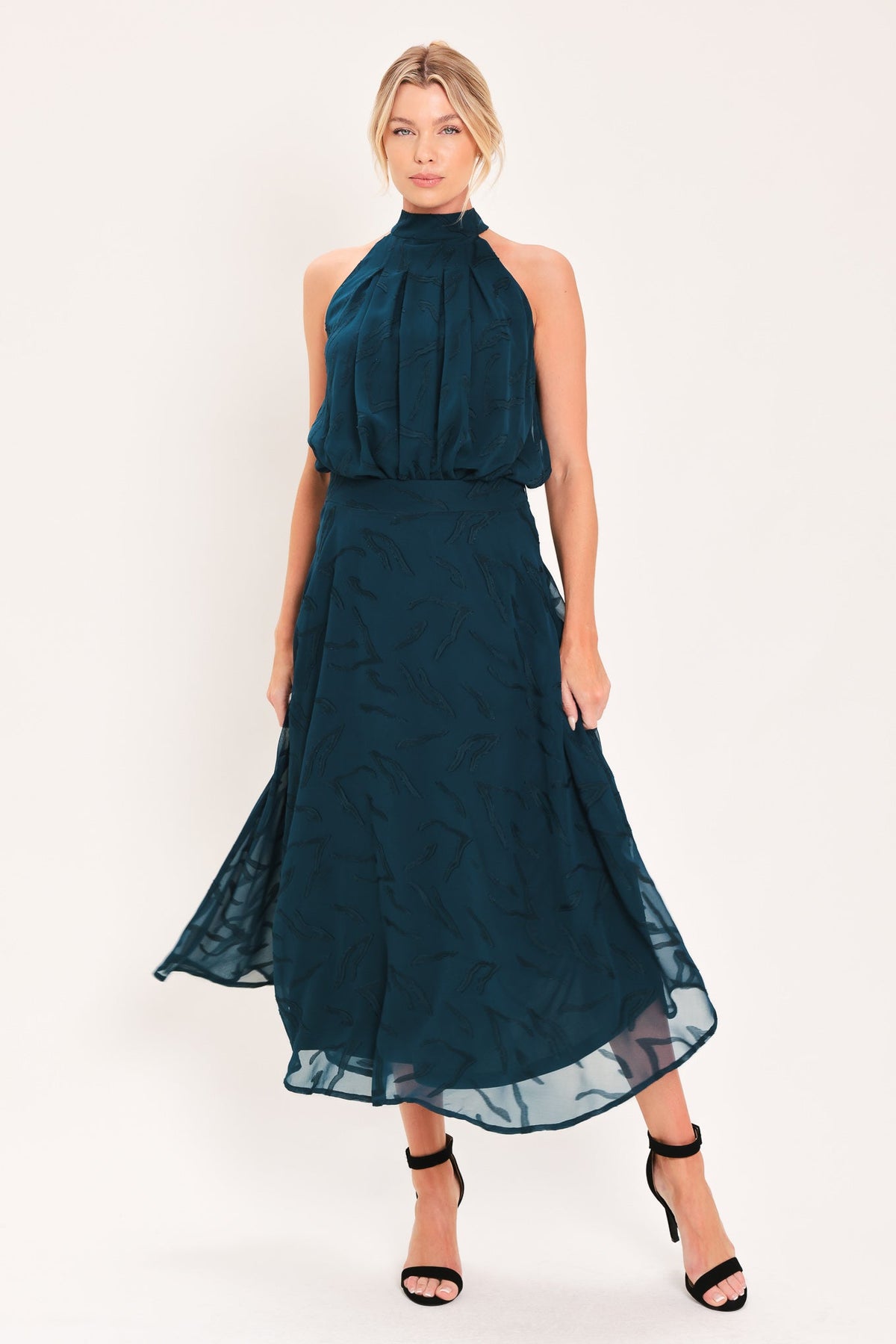 TEAL SHADOW SWAY WOVEN JACQUARD CIRCLE MIDI SKIRT - Glamourous Grace