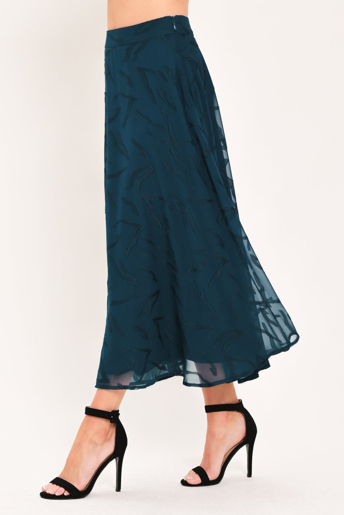 TEAL SHADOW SWAY WOVEN JACQUARD CIRCLE MIDI SKIRT - Glamourous Grace