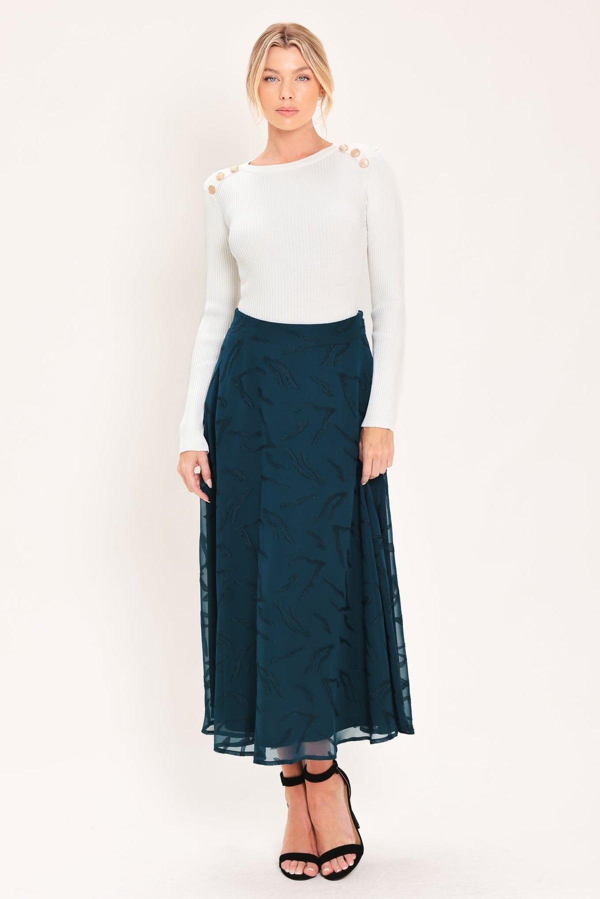 TEAL SHADOW SWAY WOVEN JACQUARD CIRCLE MIDI SKIRT - Glamourous Grace