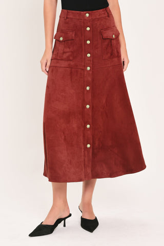 RUSTIC ROMANCE BRICK FAUX SUEDE BUTTON-FRONT MIDI SKIRT