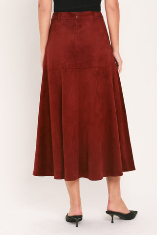 RUSTIC ROMANCE BRICK FAUX SUEDE BUTTON-FRONT MIDI SKIRT