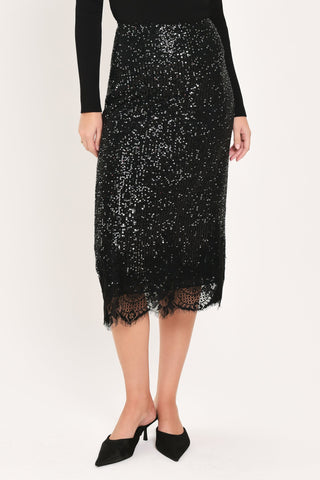 BRONZE LUSTER BRONZE/BLACK SEQUIN LACE-HEM MIDI SKIRT