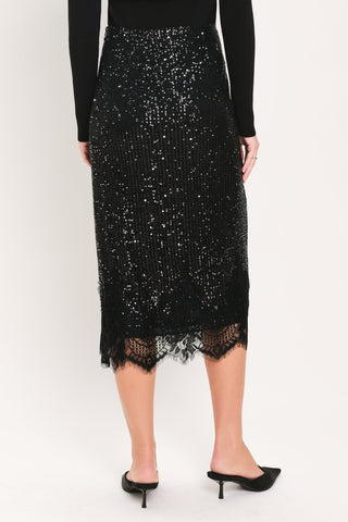 BRONZE LUSTER BRONZE/BLACK SEQUIN LACE-HEM MIDI SKIRT