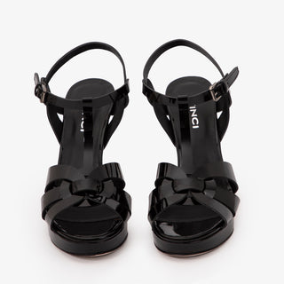 The Parisian Black Patent Leather T-Strap Platform Heel Women Sandal - Glamourous Grace
