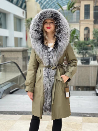 Genuine Silver Fox Fur Trim Rabbit Fur Insulated Parka