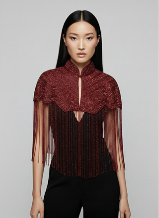 Bordeaux Fringe Cape - Glamourous Grace