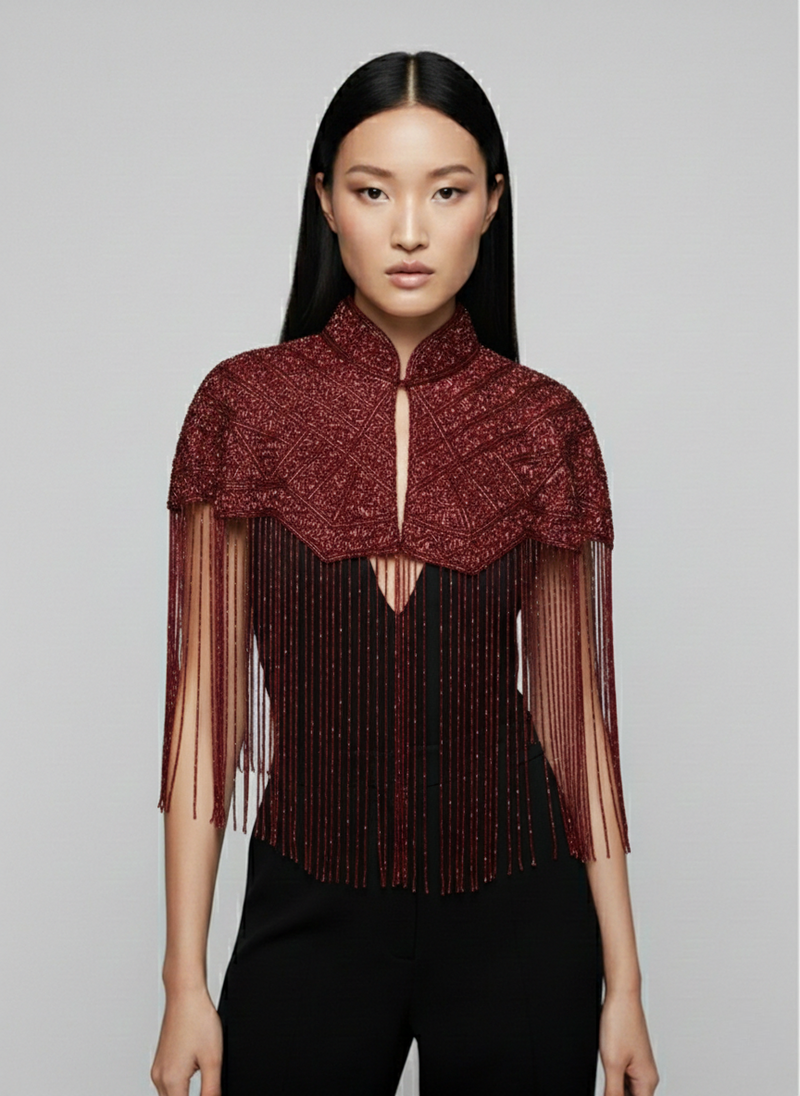 Bordeaux Fringe Cape - Glamourous Grace