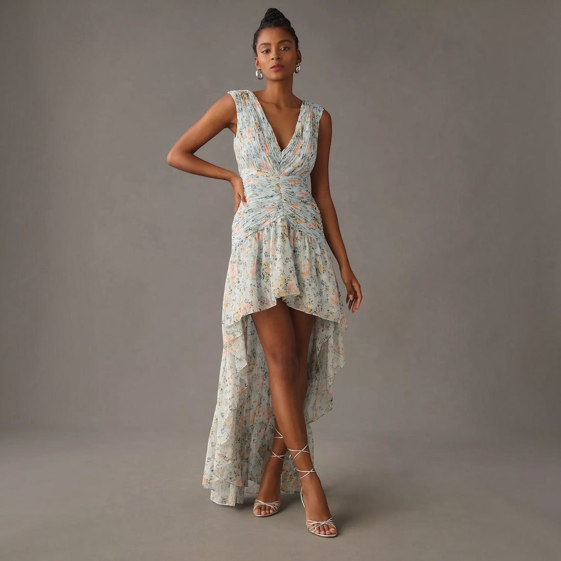 Mac Duggal 55826 Metallic Floral Print Chiffon High-Low Gown – Blue – Size 2 - Glamourous Grace