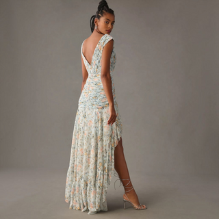 Mac Duggal 55826 Metallic Floral Print Chiffon High-Low Gown – Blue – Size 2