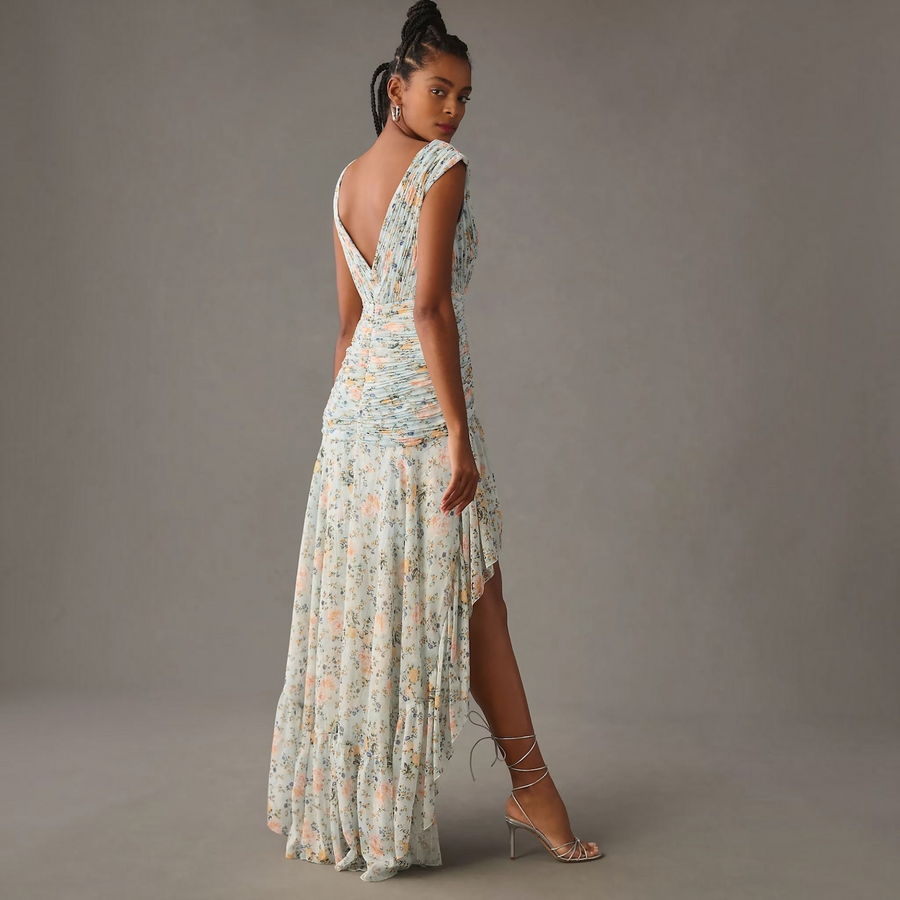 Mac Duggal 55826 Metallic Floral Print Chiffon High-Low Gown – Blue – Size 2 - Glamourous Grace