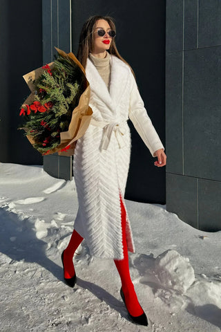 Genuine Mink Fur Rex Fur Trim Virgin Wool Coat in White