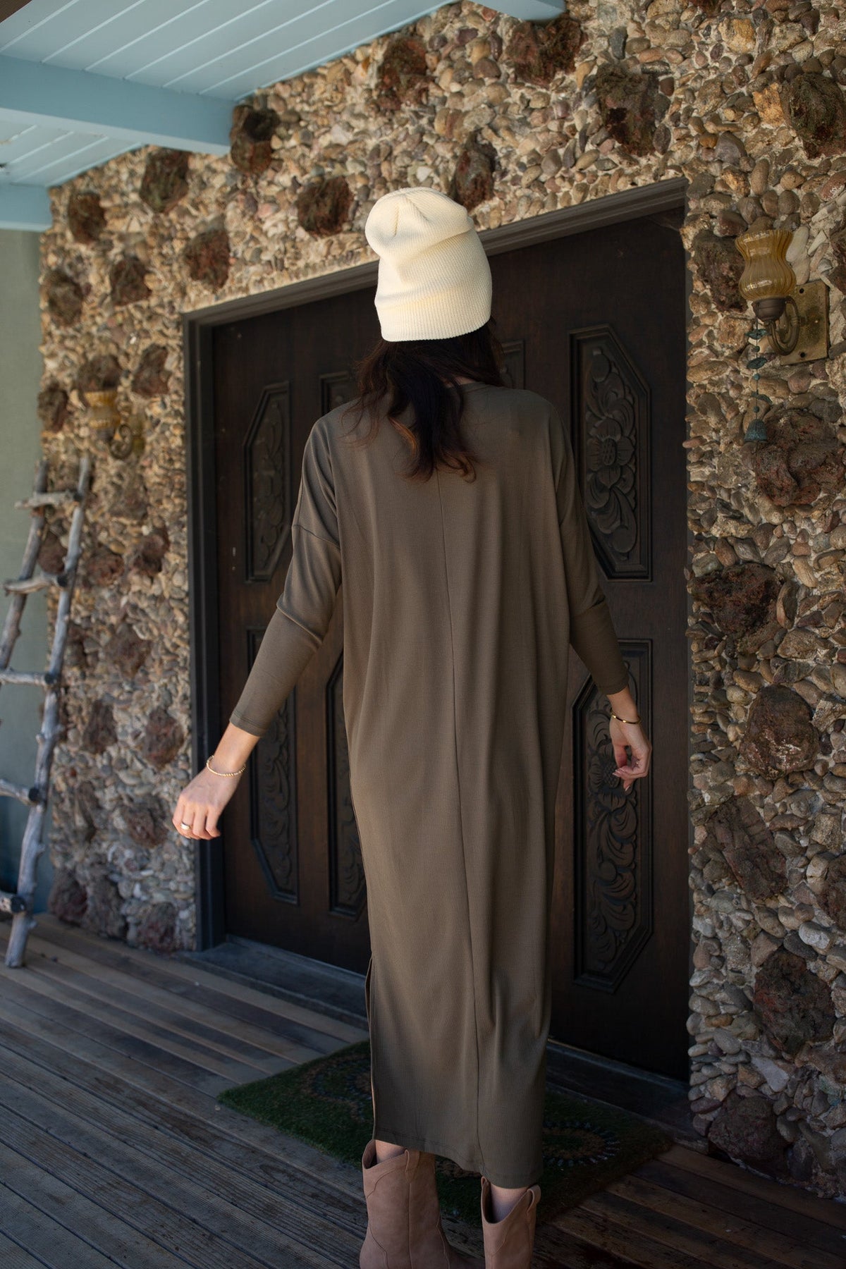 Dolman Sleeve Rib Maxi Dress- Olive