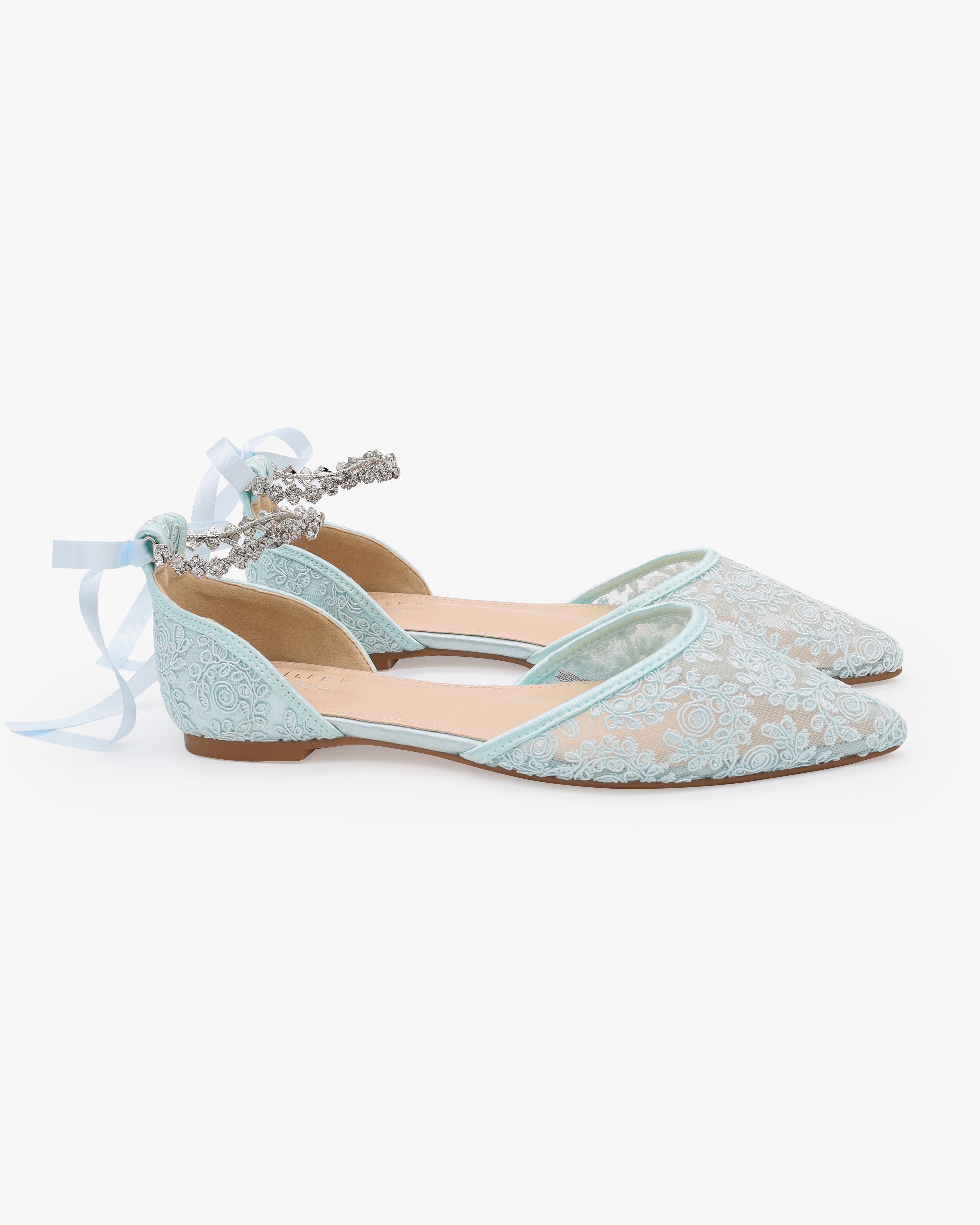 Wedding Crochet Lace Pointy Toe Flats with Amaryllis Crystal Strap