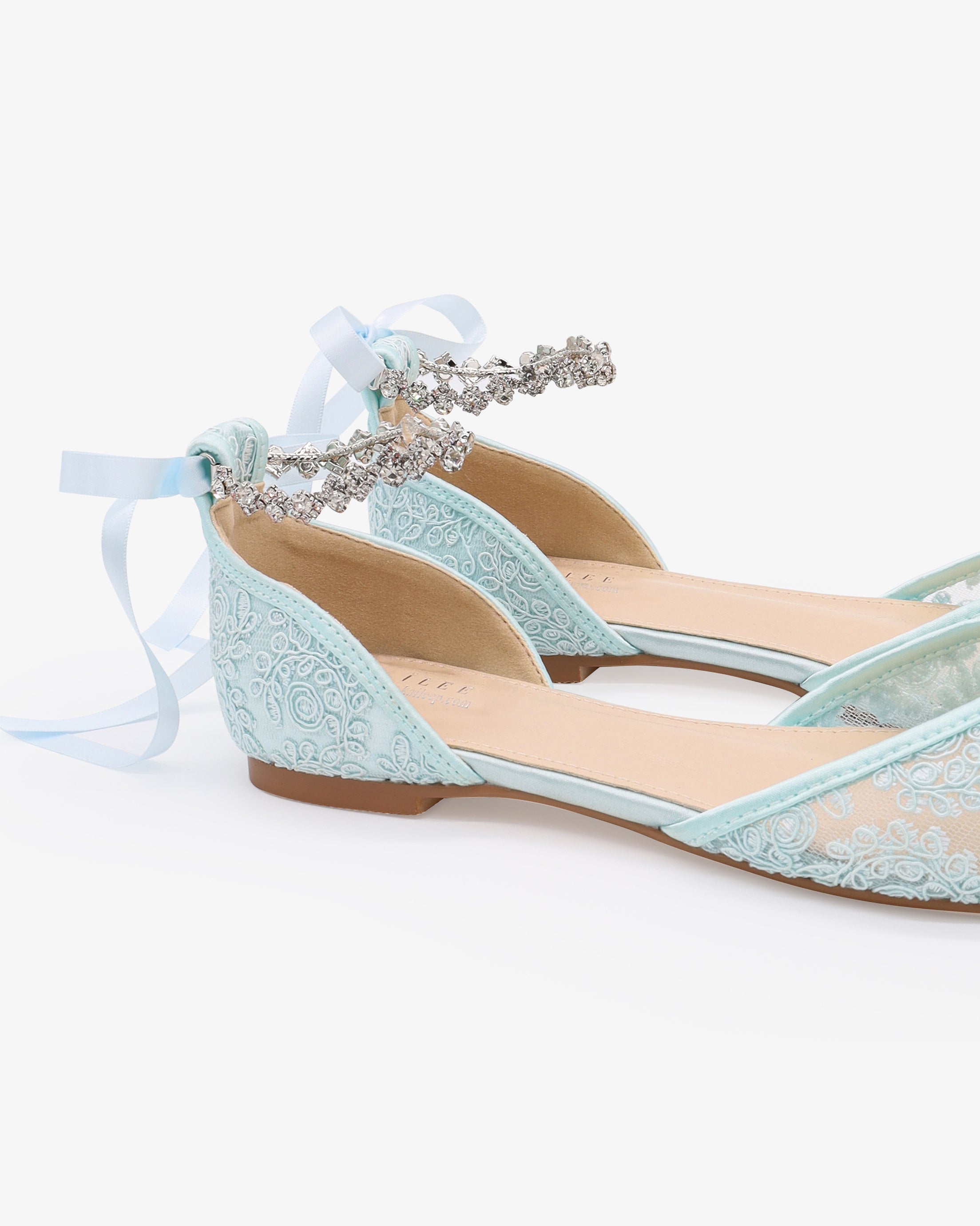 Wedding Crochet Lace Pointy Toe Flats with Amaryllis Crystal Strap