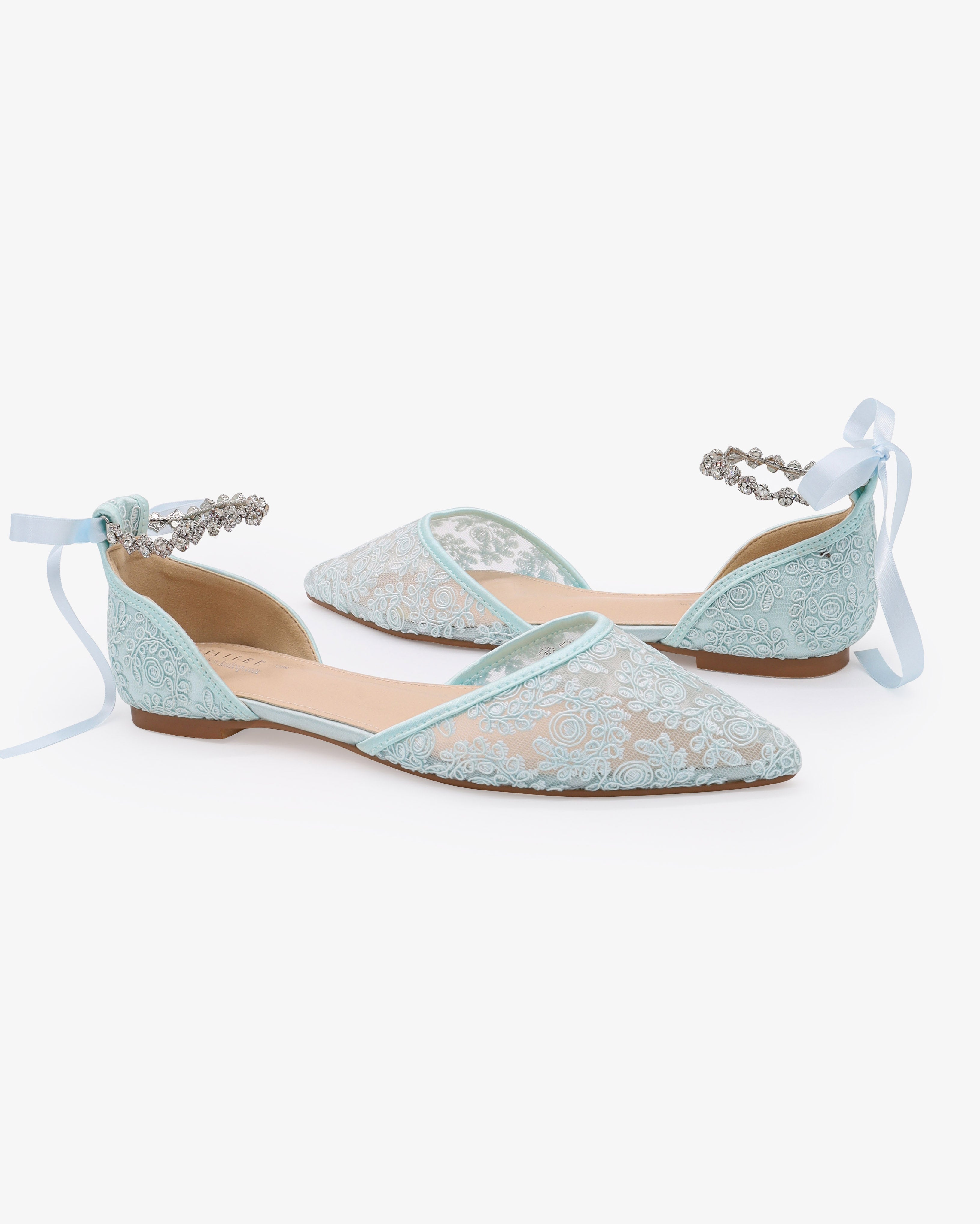 Wedding Crochet Lace Pointy Toe Flats with Amaryllis Crystal Strap