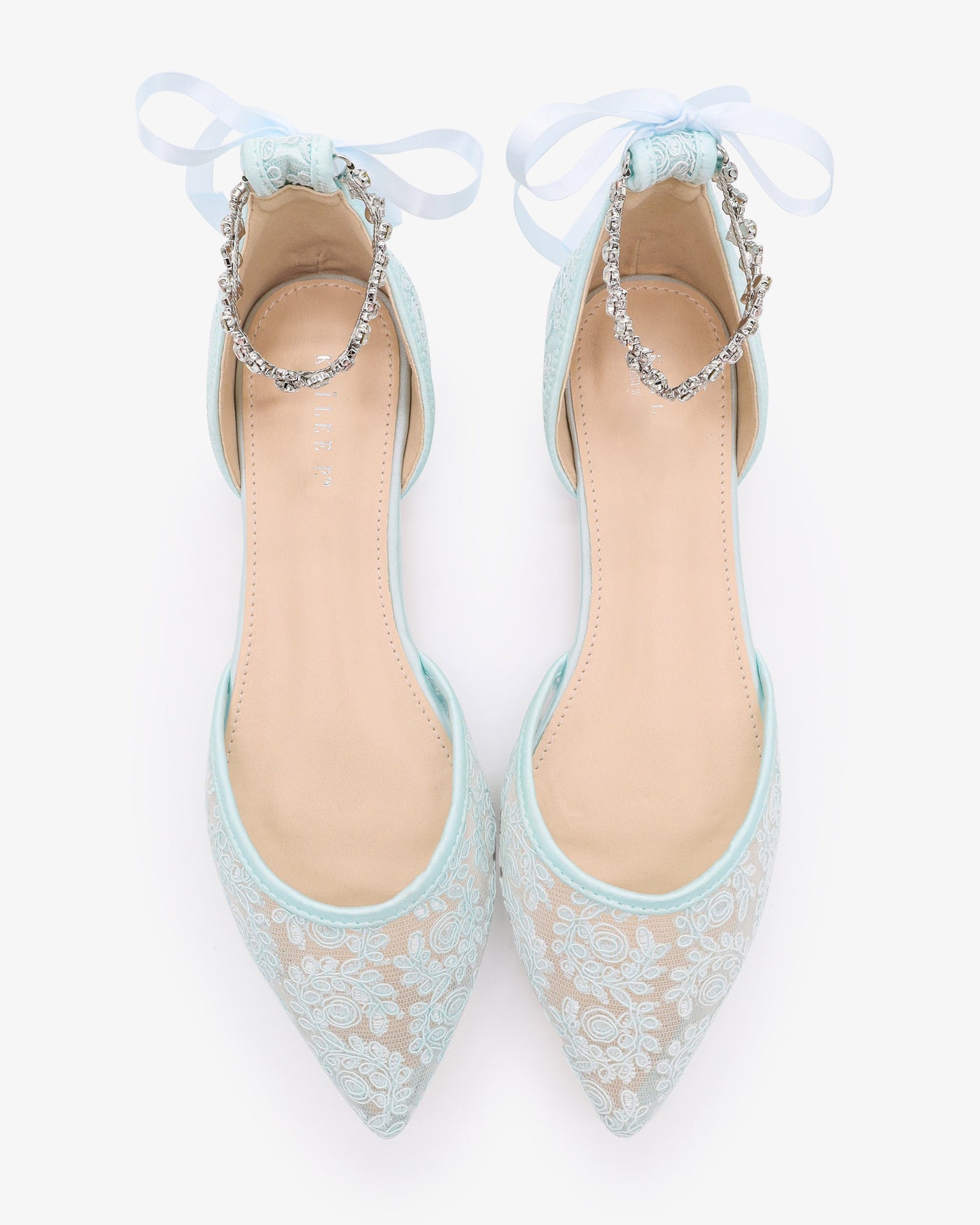 Wedding Crochet Lace Pointy Toe Flats with Amaryllis Crystal Strap - Glamourous Grace