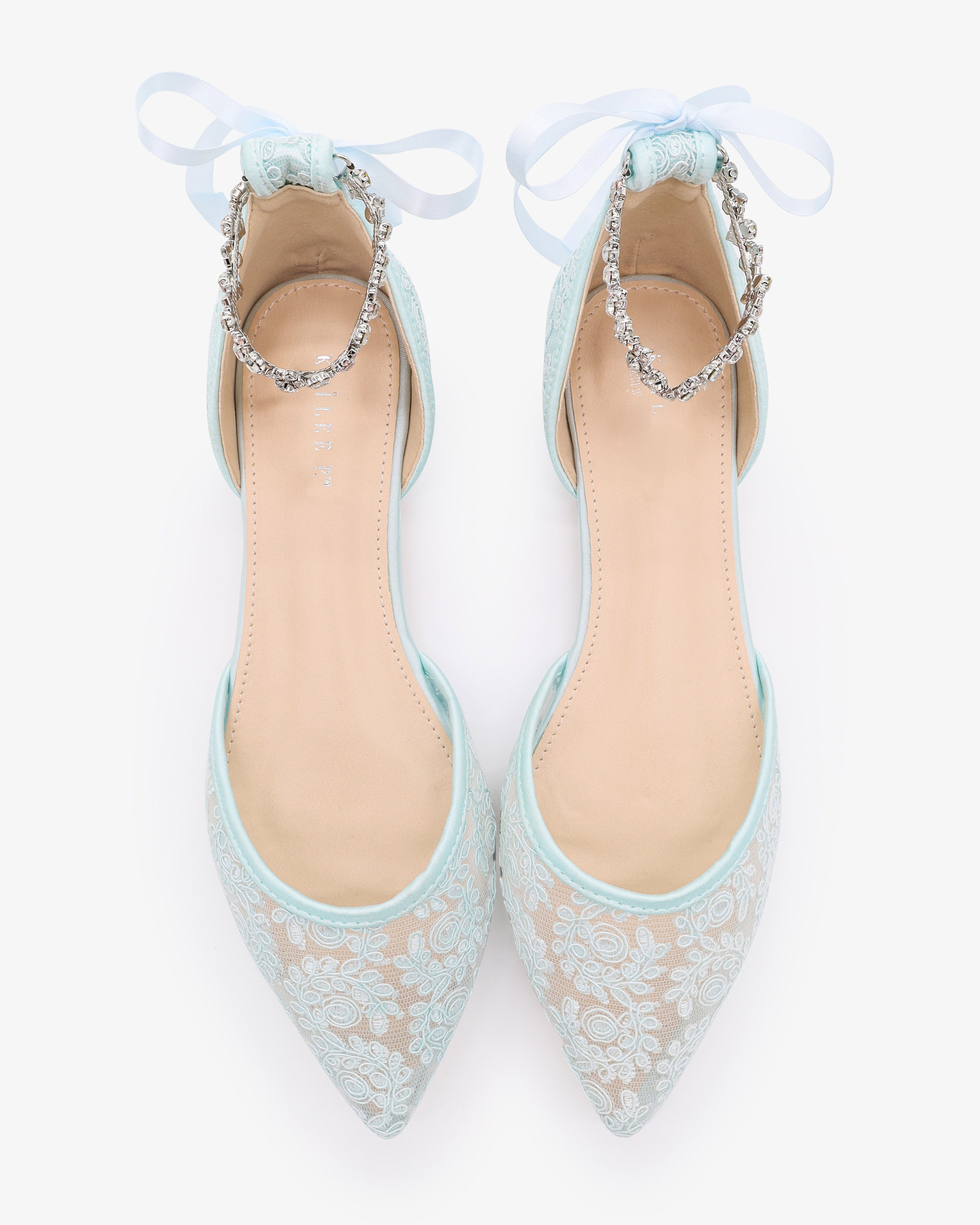 Wedding Crochet Lace Pointy Toe Flats with Amaryllis Crystal Strap
