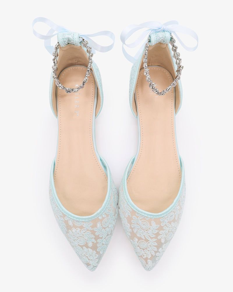 Wedding Crochet Lace Pointy Toe Flats with Amaryllis Crystal Strap - Glamourous Grace