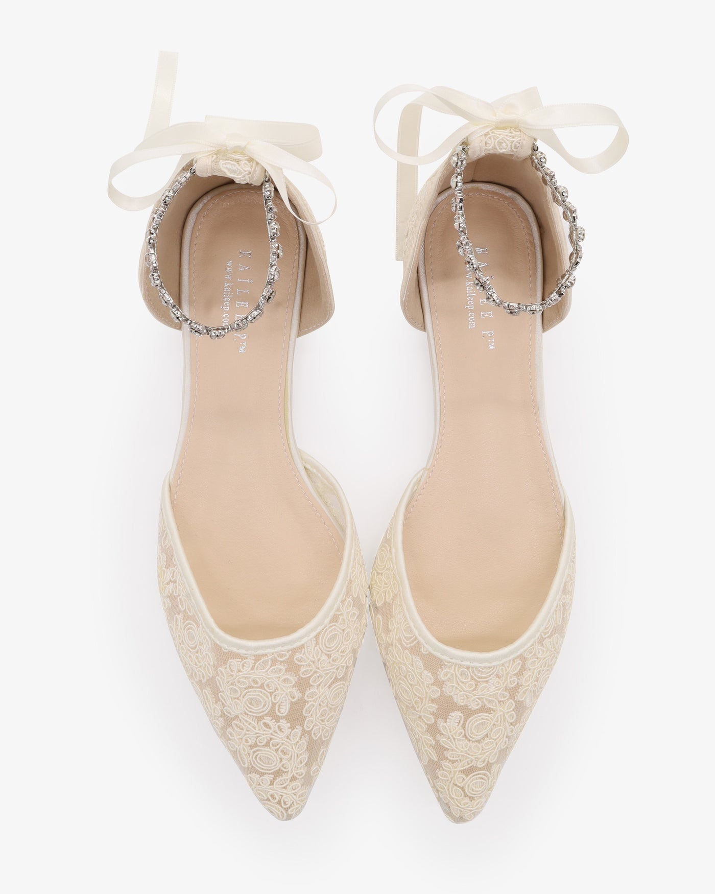 Wedding Crochet Lace Pointy Toe Flats with Amaryllis Crystal Strap - Glamourous Grace