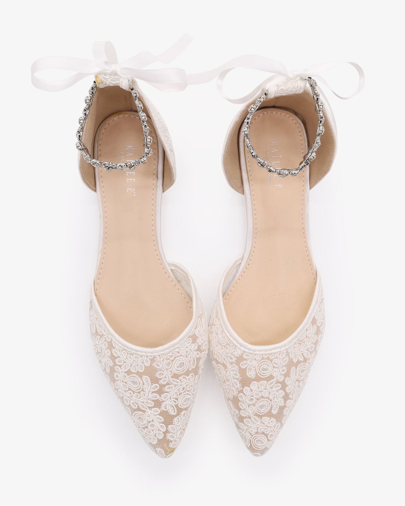 Wedding Crochet Lace Pointy Toe Flats with Amaryllis Crystal Strap - Glamourous Grace