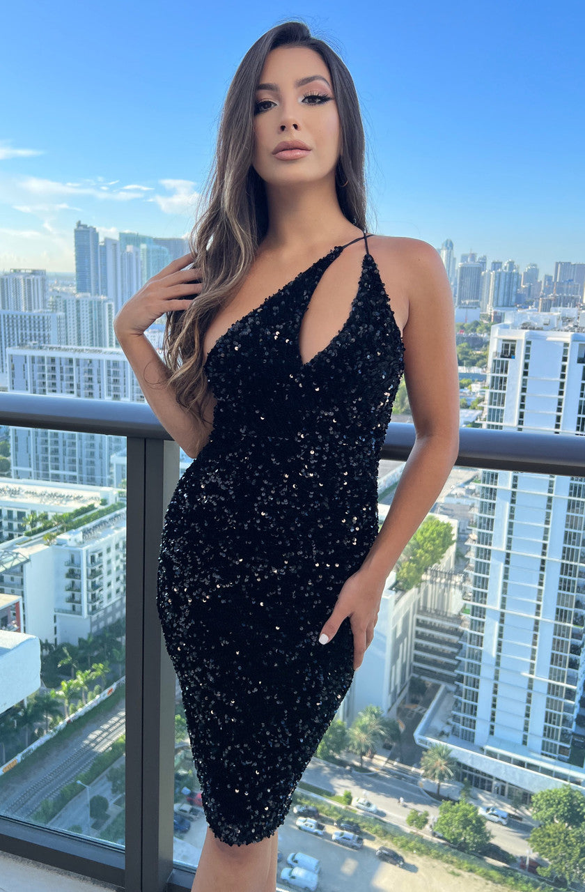 Size XS, Venice Midi Dress - Black Sequin Dress - FINAL SALE - Glamourous Grace