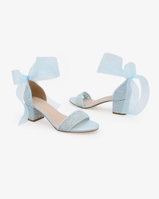 Crochet Lace Block Heel Wedding Sandals with Wrapped Ankle Tie