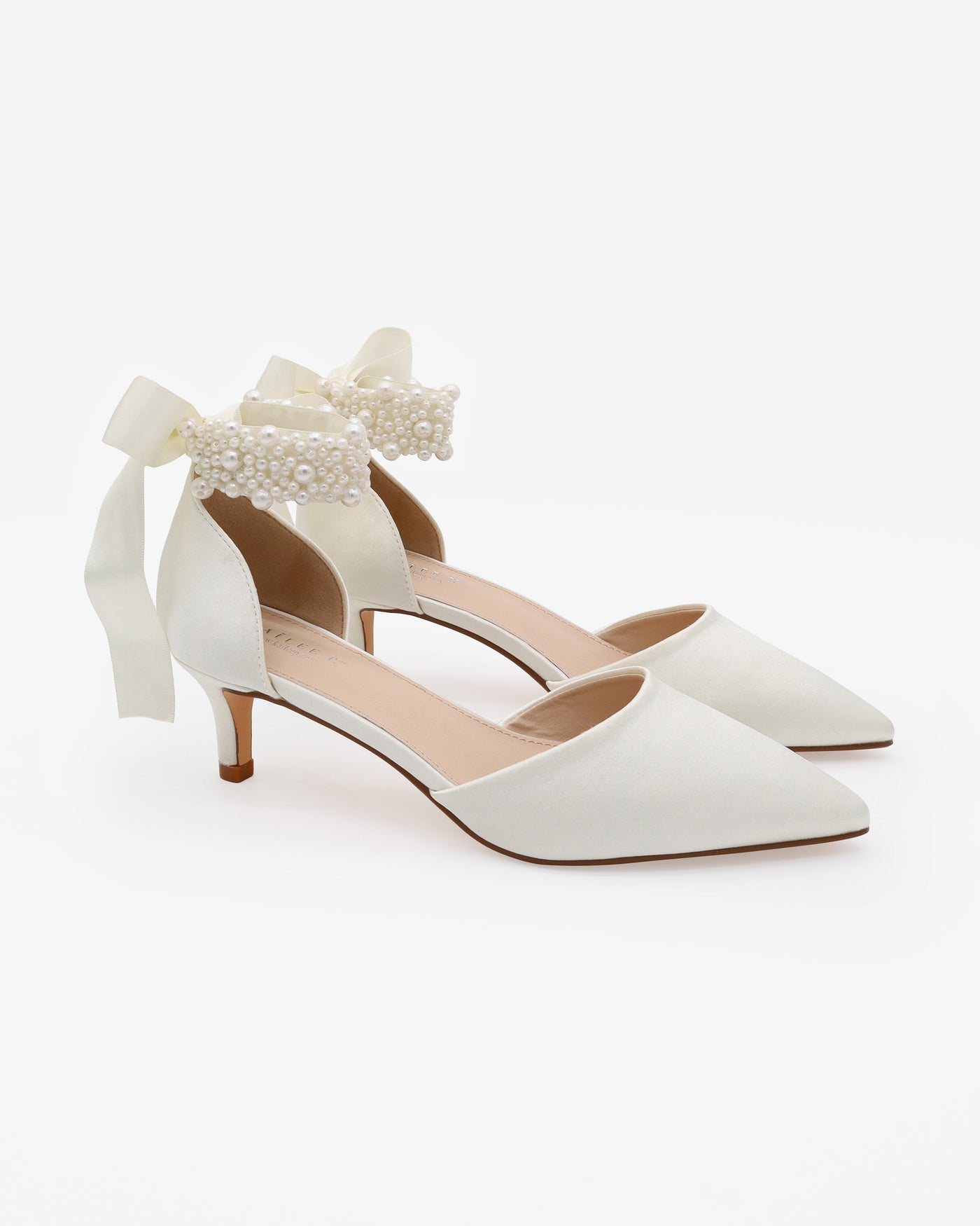 Satin Pointy Toe Kitten Low Heel with Perla Ankle Strap - Glamourous Grace
