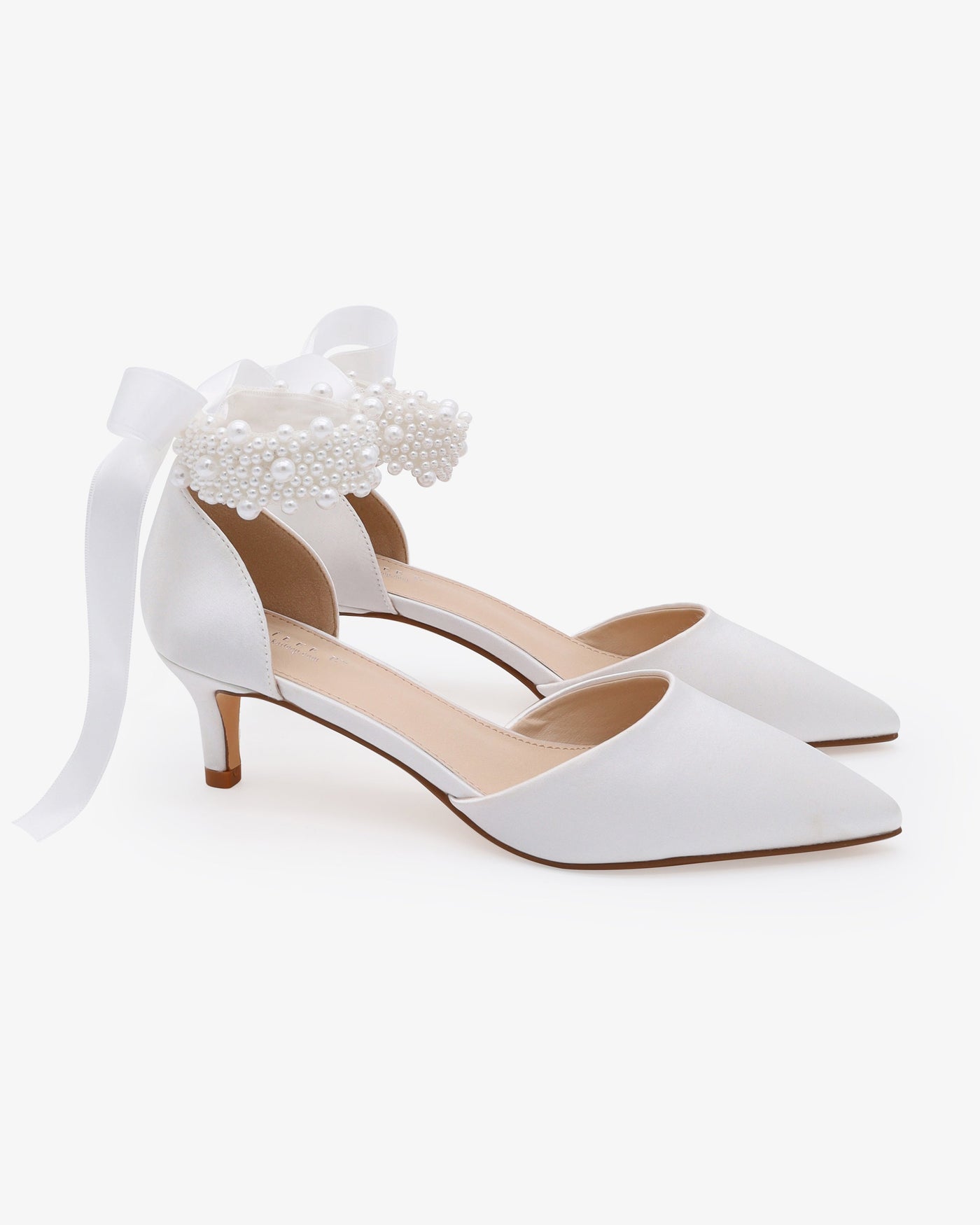 Satin Pointy Toe Kitten Low Heel with Perla Ankle Strap - Glamourous Grace