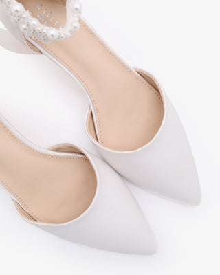 Satin Pointy Toe Kitten Low Heel with Perla Ankle Strap